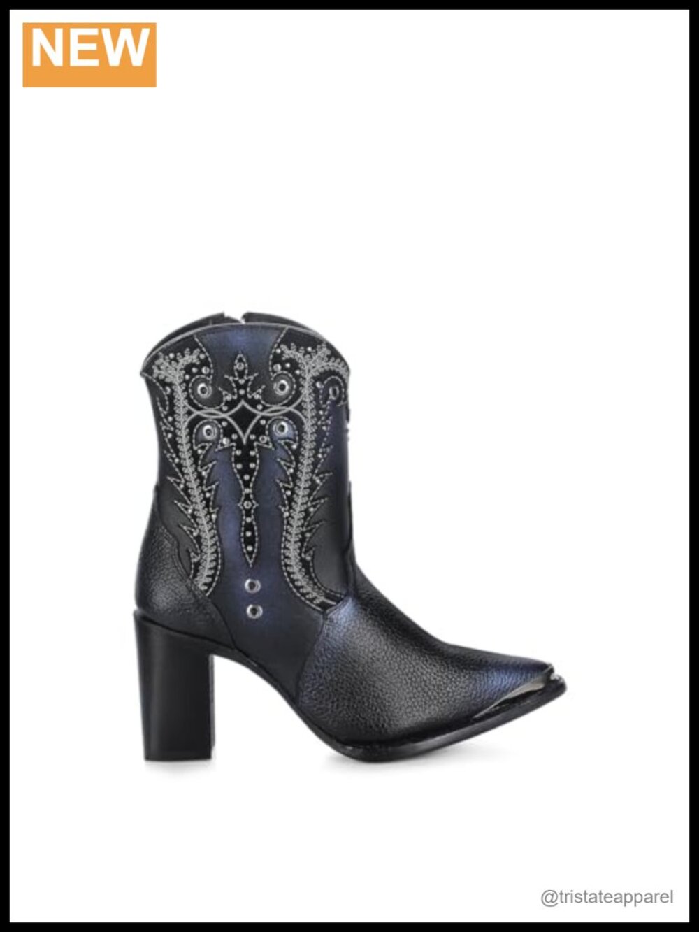 Bovine Leather Western Ankle Bootie with Side Zipper Block Heel